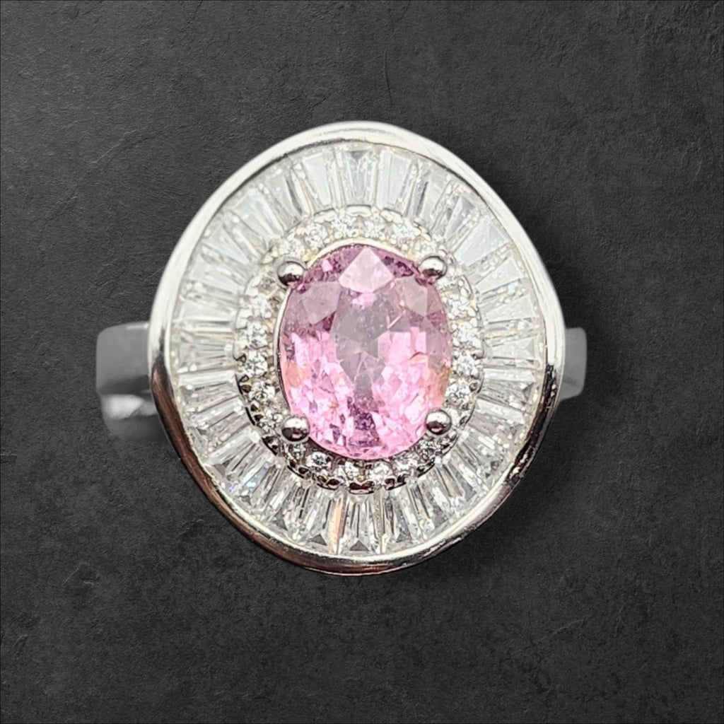 Natural Pink Tourmaline Ring - Oval Cut Soft Pink with CZ Baguette Halo in Sterling Silver