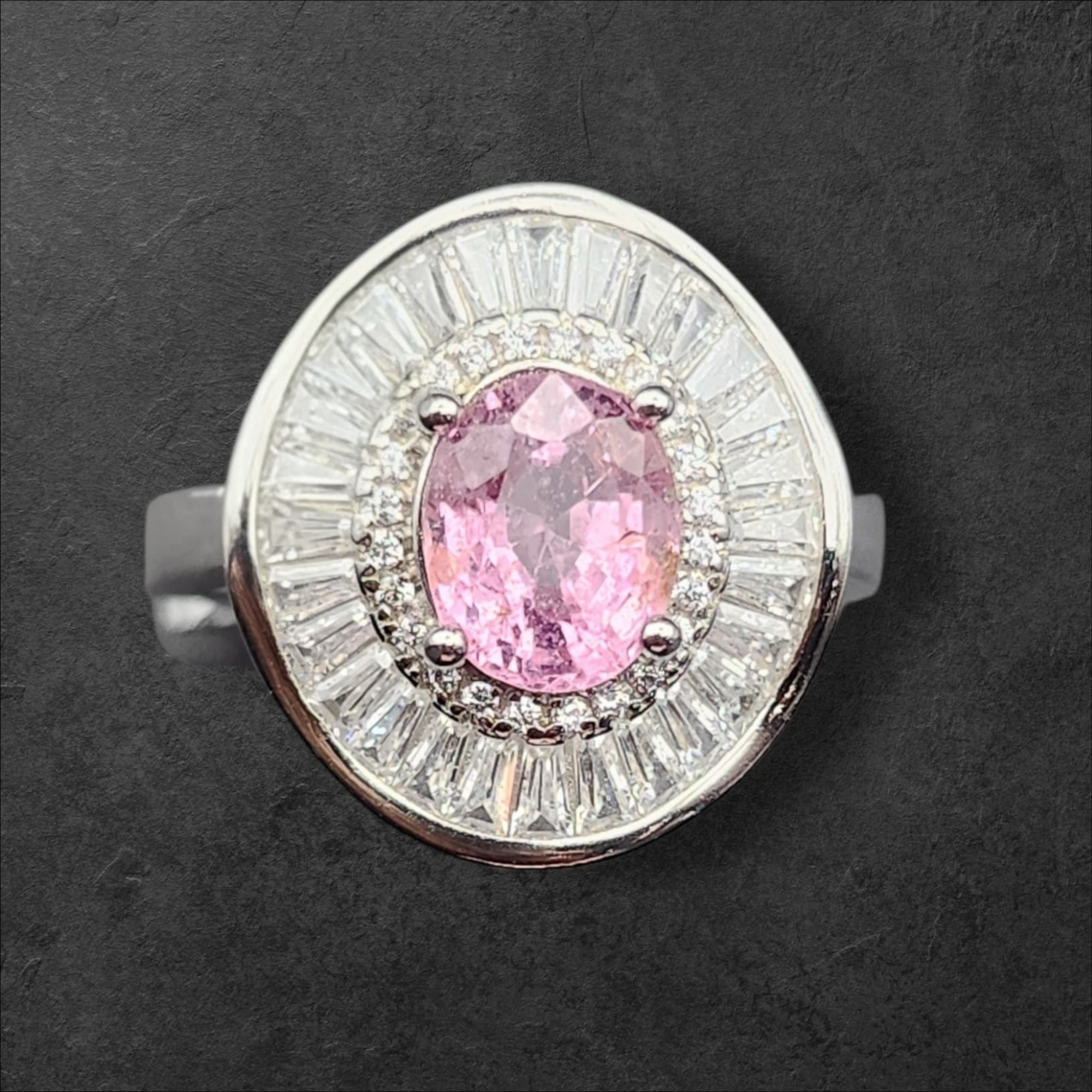 Natural Pink Tourmaline Ring - Oval Cut Soft Pink with CZ Baguette Halo in Sterling Silver