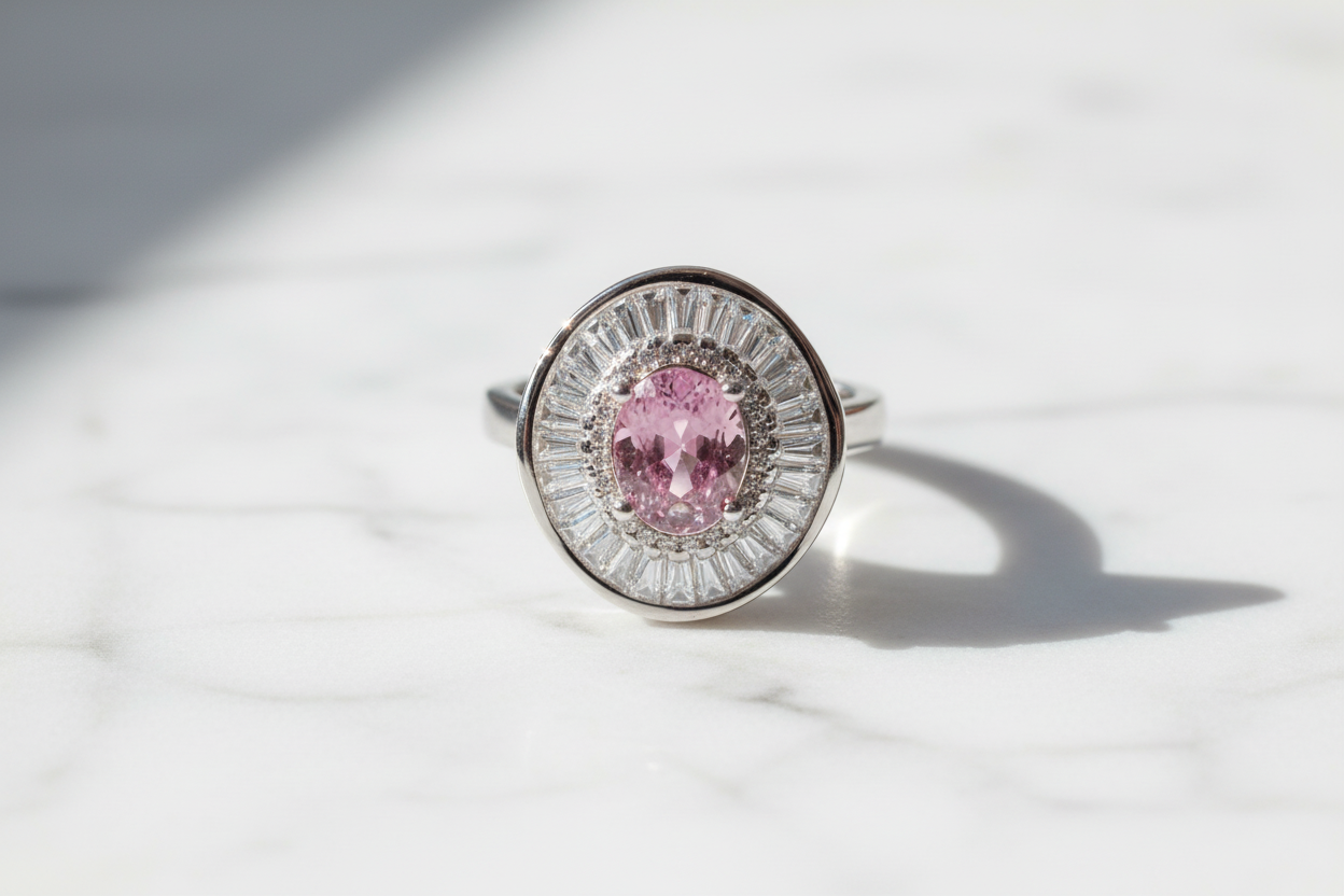 Natural Pink Tourmaline Ring - Oval Cut Soft Pink with CZ Baguette Halo in Sterling Silver