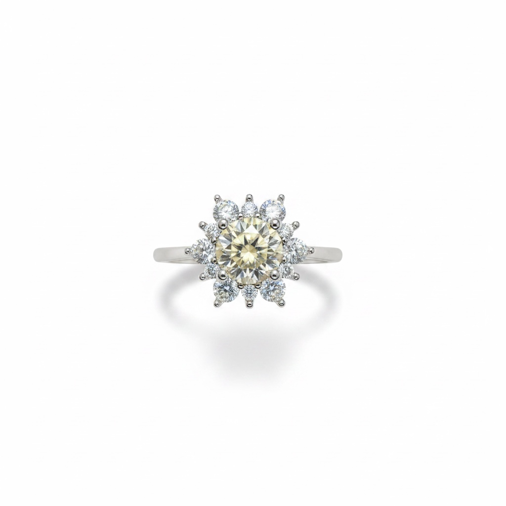 Champagne Moissanite Ring - Floral Cluster with CZ Halo in Sterling Silver