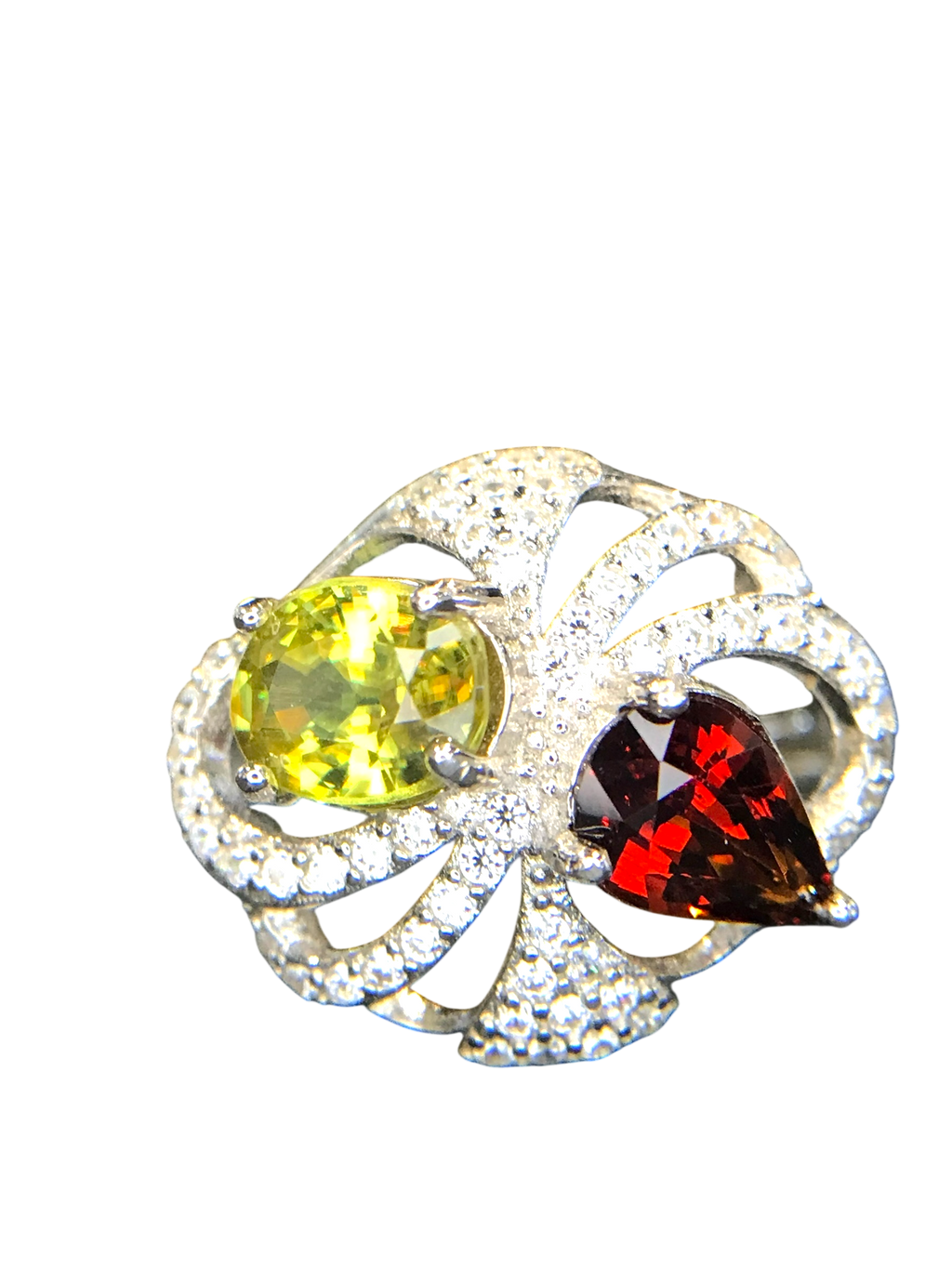 Fiery Duo: Sphene & Spessartite Garnet Cocktail Ring in 925 Silver with CZ Pavé