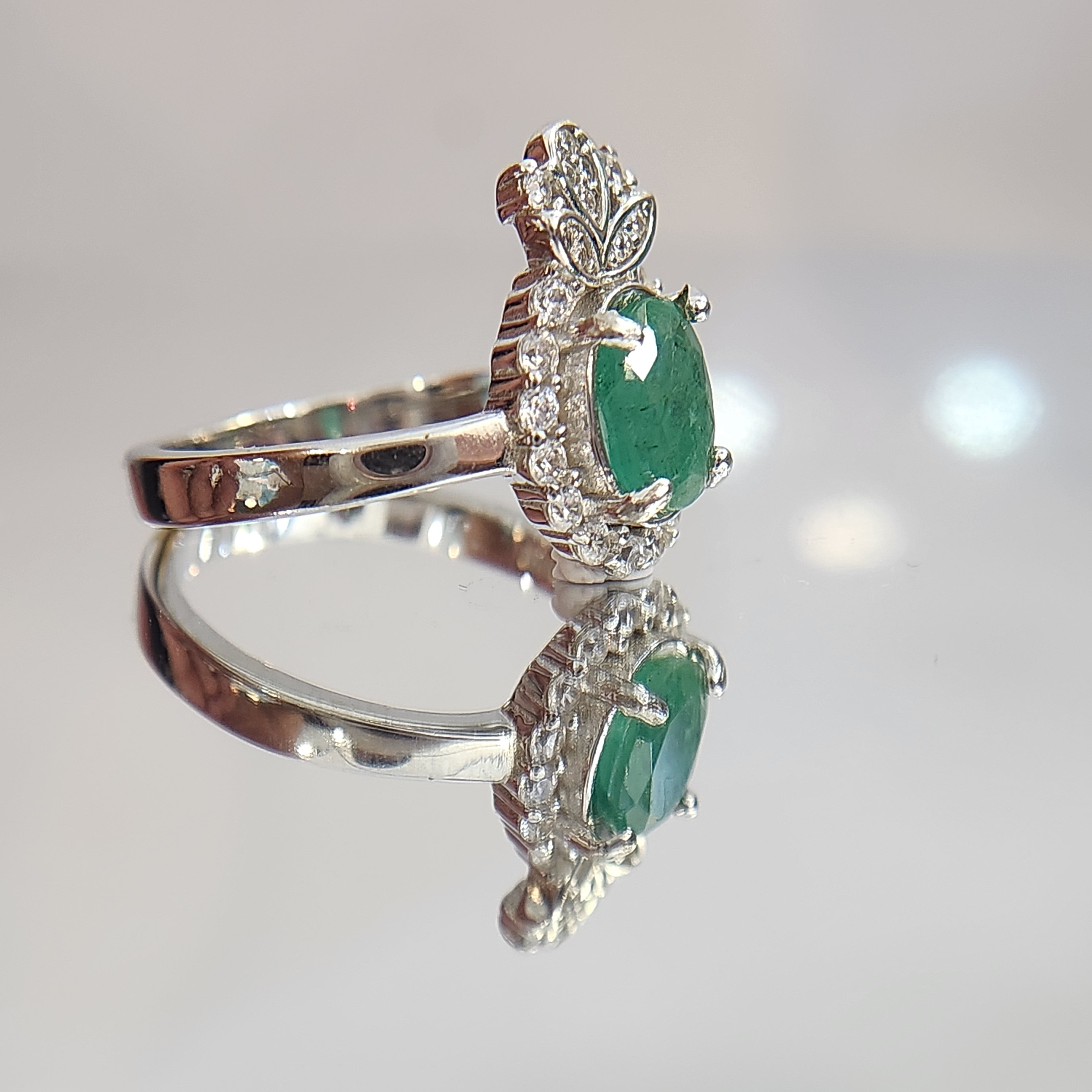 Natural Emerald Ring - Oval Cut Rich Green with CZ Halo and Floral Accents in Sterling Silver