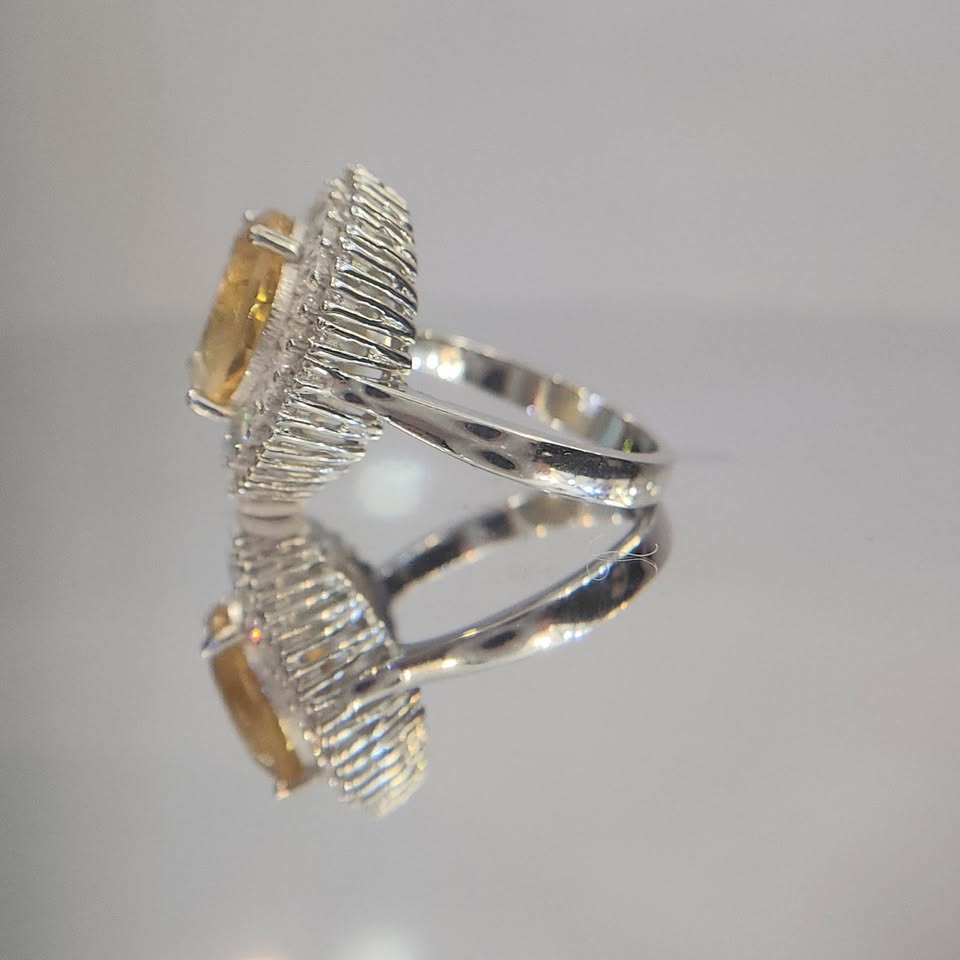 Natural Citrine Ring - Oval Golden Yellow with CZ Baguette and Round Double Halo in Sterling Silver