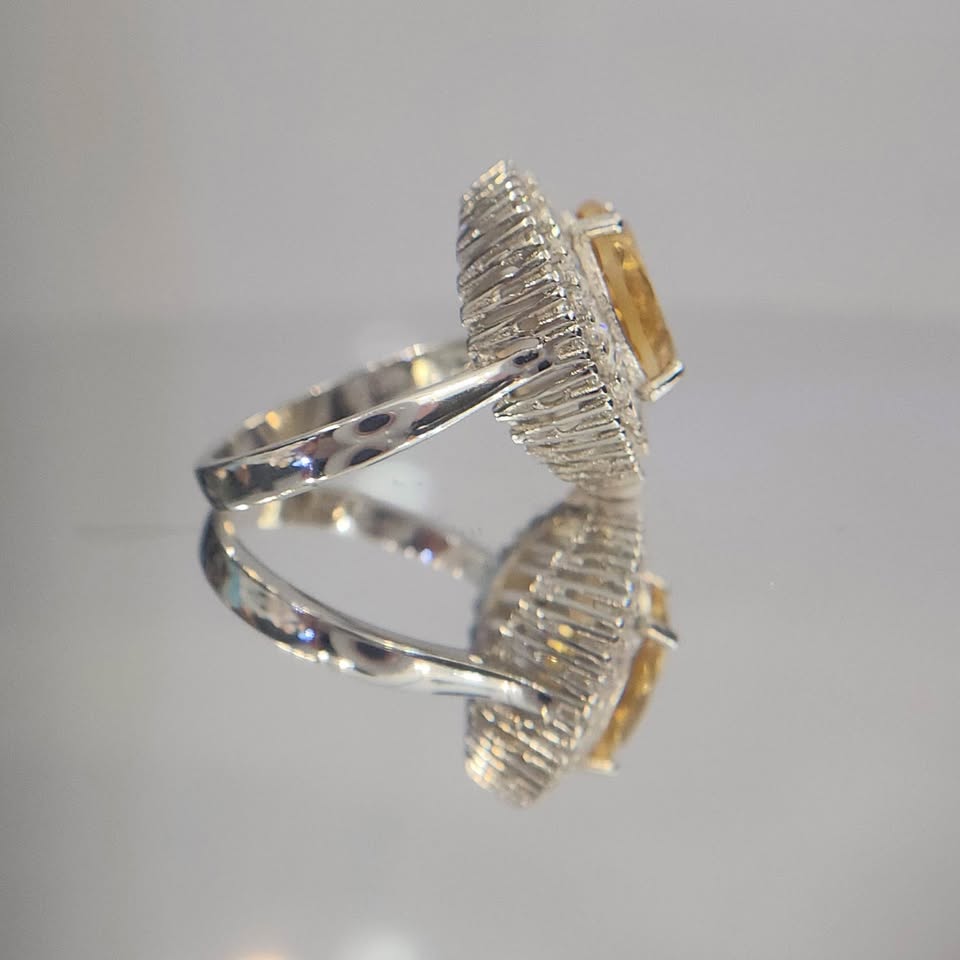 Natural Citrine Ring - Oval Golden Yellow with CZ Baguette and Round Double Halo in Sterling Silver