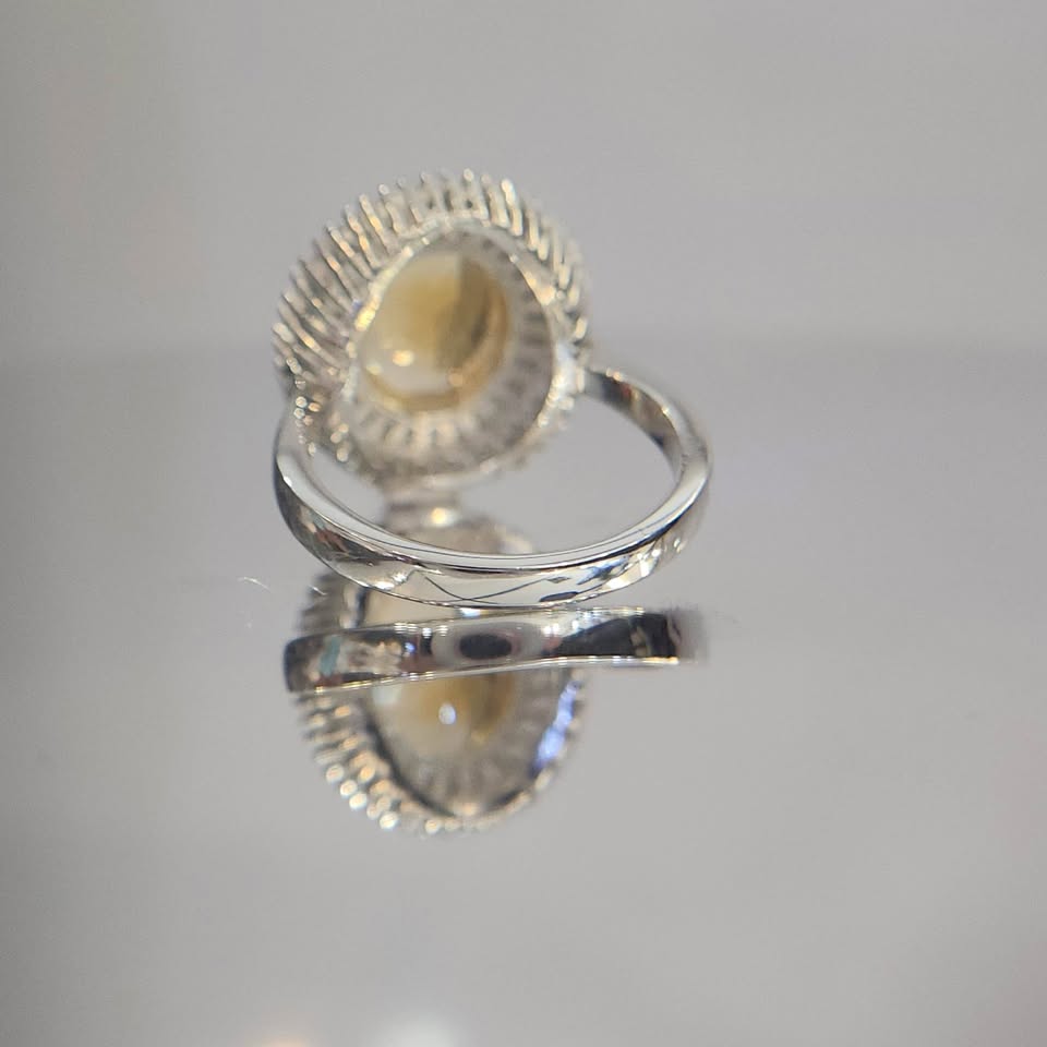 Natural Citrine Ring - Oval Golden Yellow with CZ Baguette and Round Double Halo in Sterling Silver