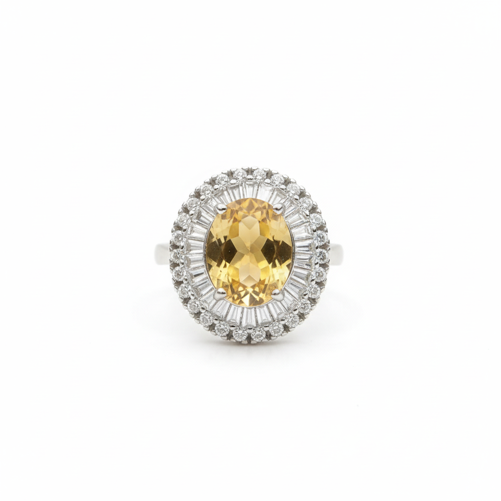 Natural Citrine Ring - Oval Golden Yellow with CZ Baguette and Round Double Halo in Sterling Silver