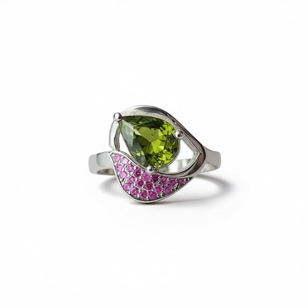 Natural Green Tourmaline Ring - Pear Cut Olive Green with Pink CZ Accents in Sterling Silver