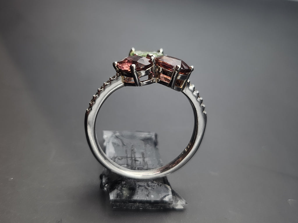 Natural Multi-Color Tourmaline Toi et Moi Ring - Pink and Green Pear/Oval Stones with CZ Accents in Sterling Silver