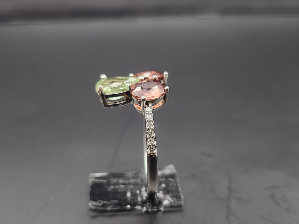 Natural Multi-Color Tourmaline Toi et Moi Ring - Pink and Green Pear/Oval Stones with CZ Accents in Sterling Silver