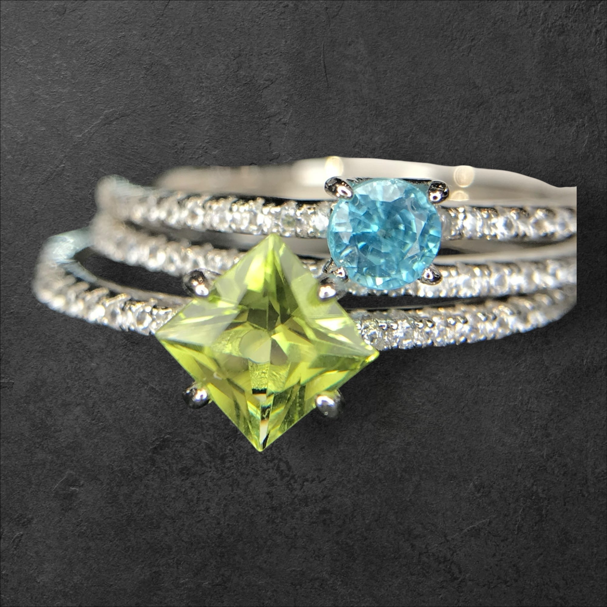 Stackable Brilliance: Peridot & Blue Zircon 3-Ring Set in 925 Silver with CZ Bands