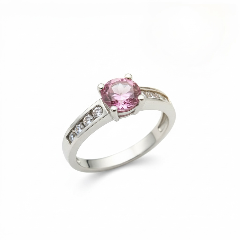 Vivid Pink: Natural Pink Topaz Solitaire Ring in 925 Silver with CZ Channel Accents