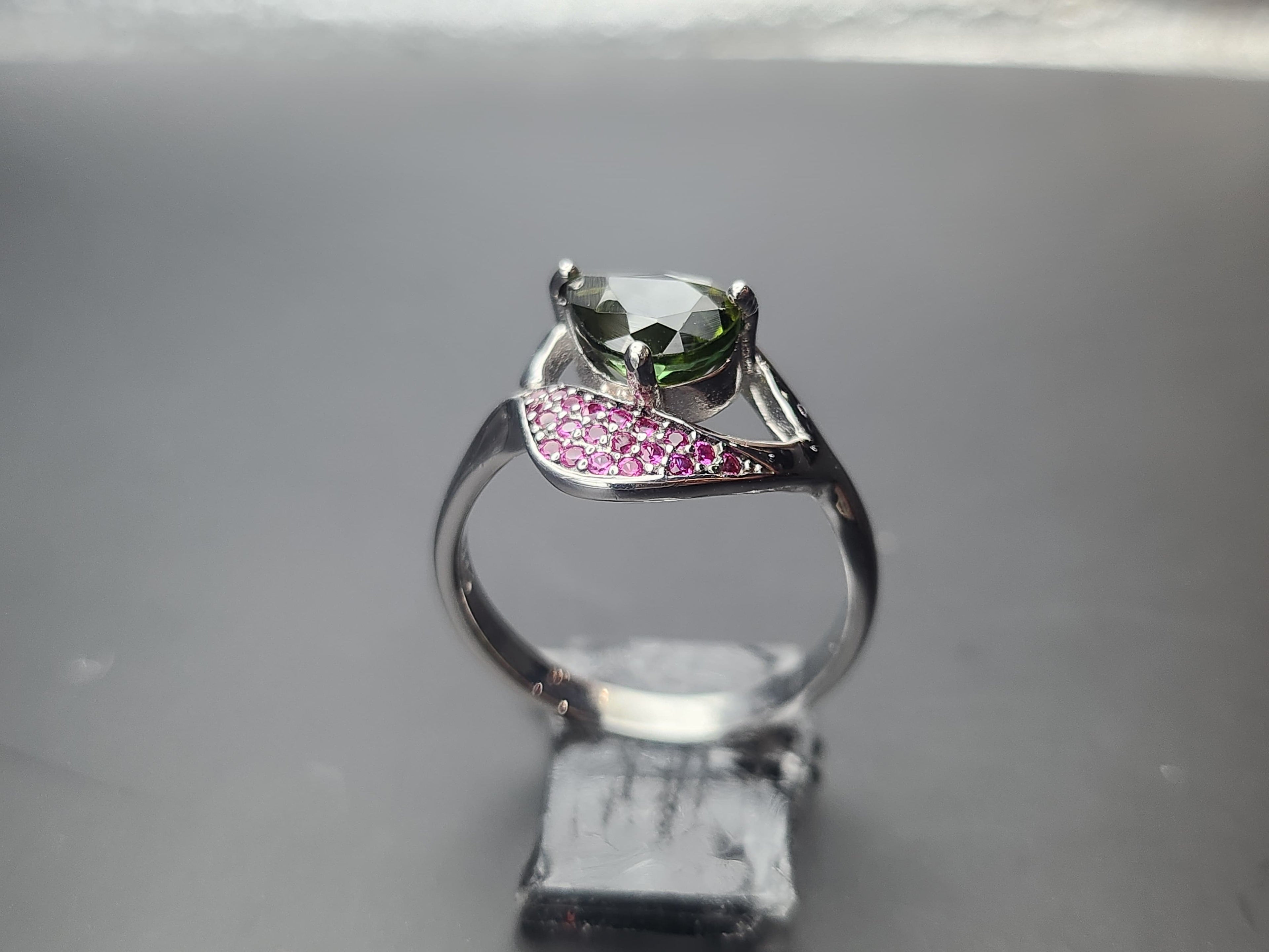 Natural Green Tourmaline Ring - Pear Cut Olive Green with Pink CZ Accents in Sterling Silver