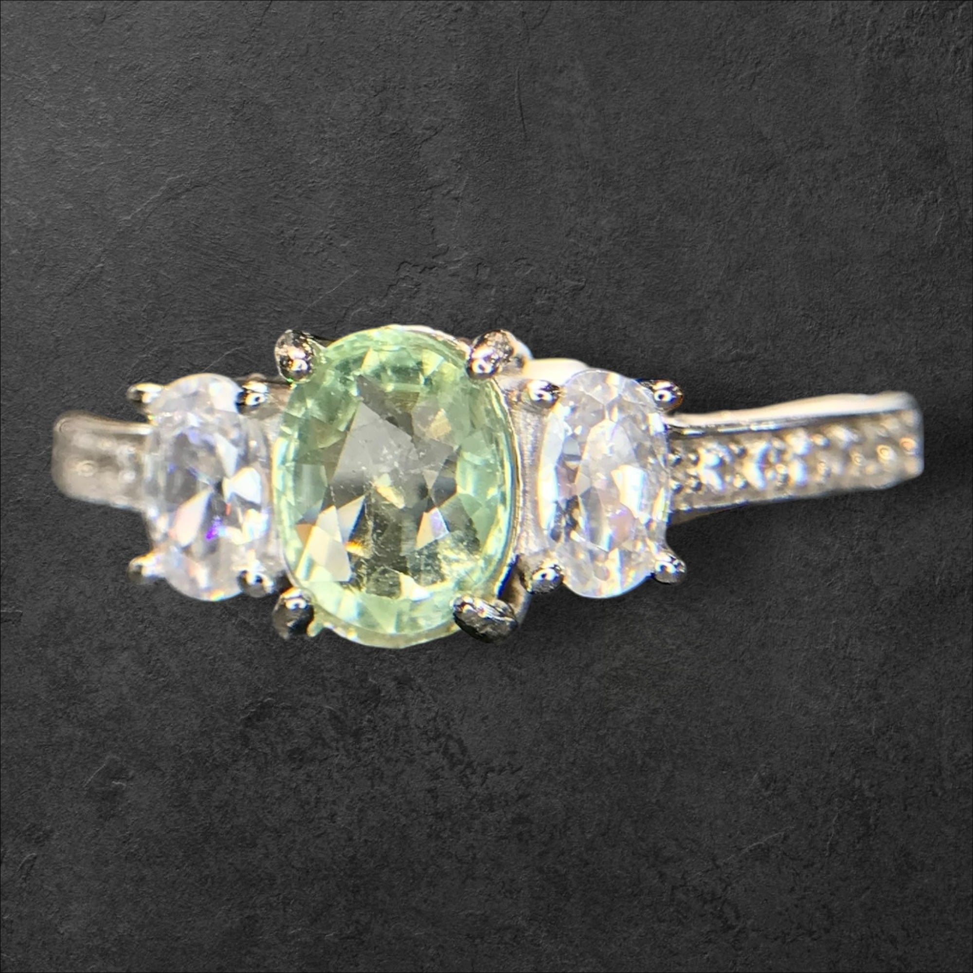 Pastel Elegance: Natural Green Tourmaline & CZ Three-Stone Ring in 925 Sterling Silver
