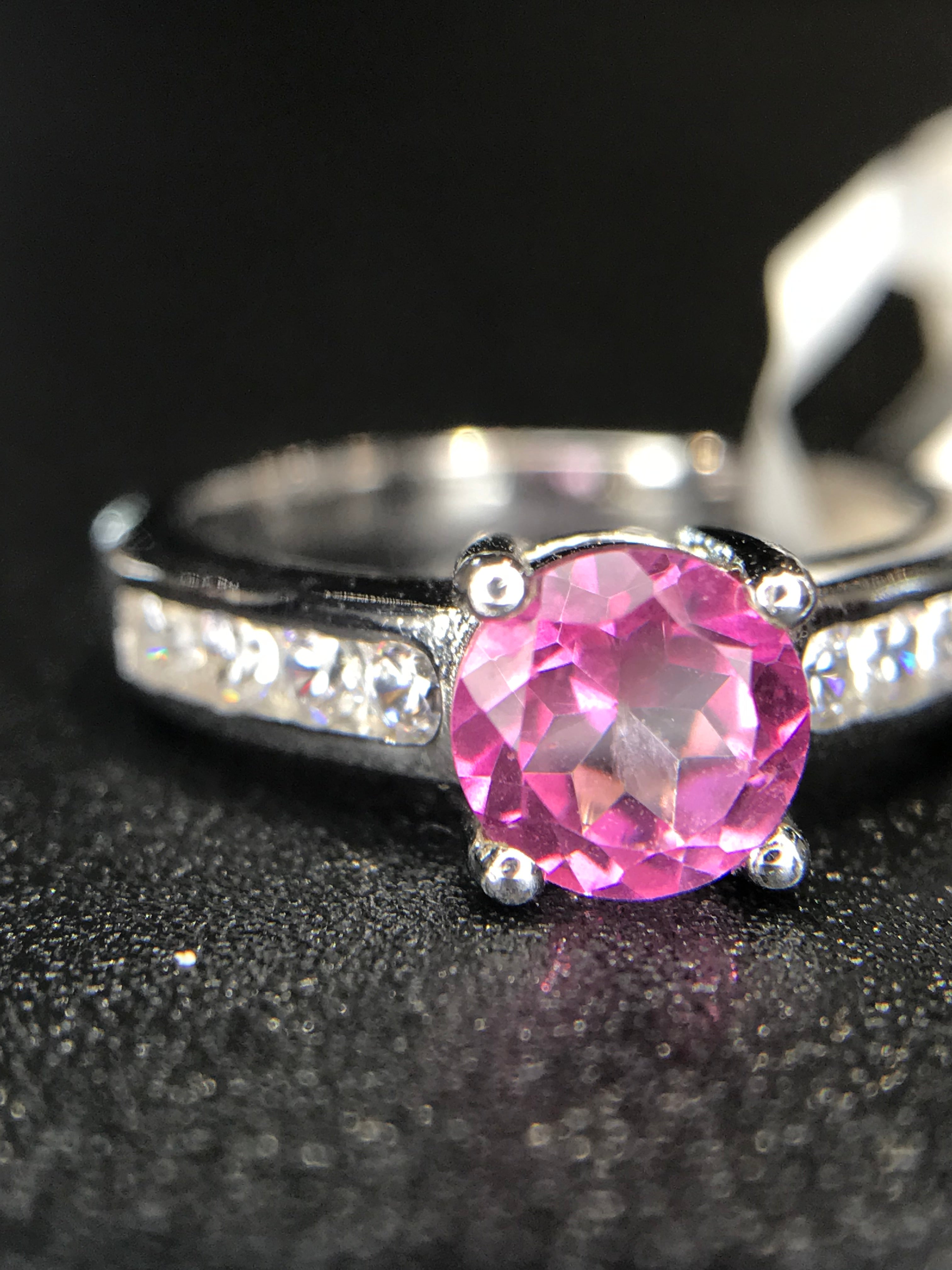 Vivid Pink: Natural Pink Topaz Solitaire Ring in 925 Silver with CZ Channel Accents