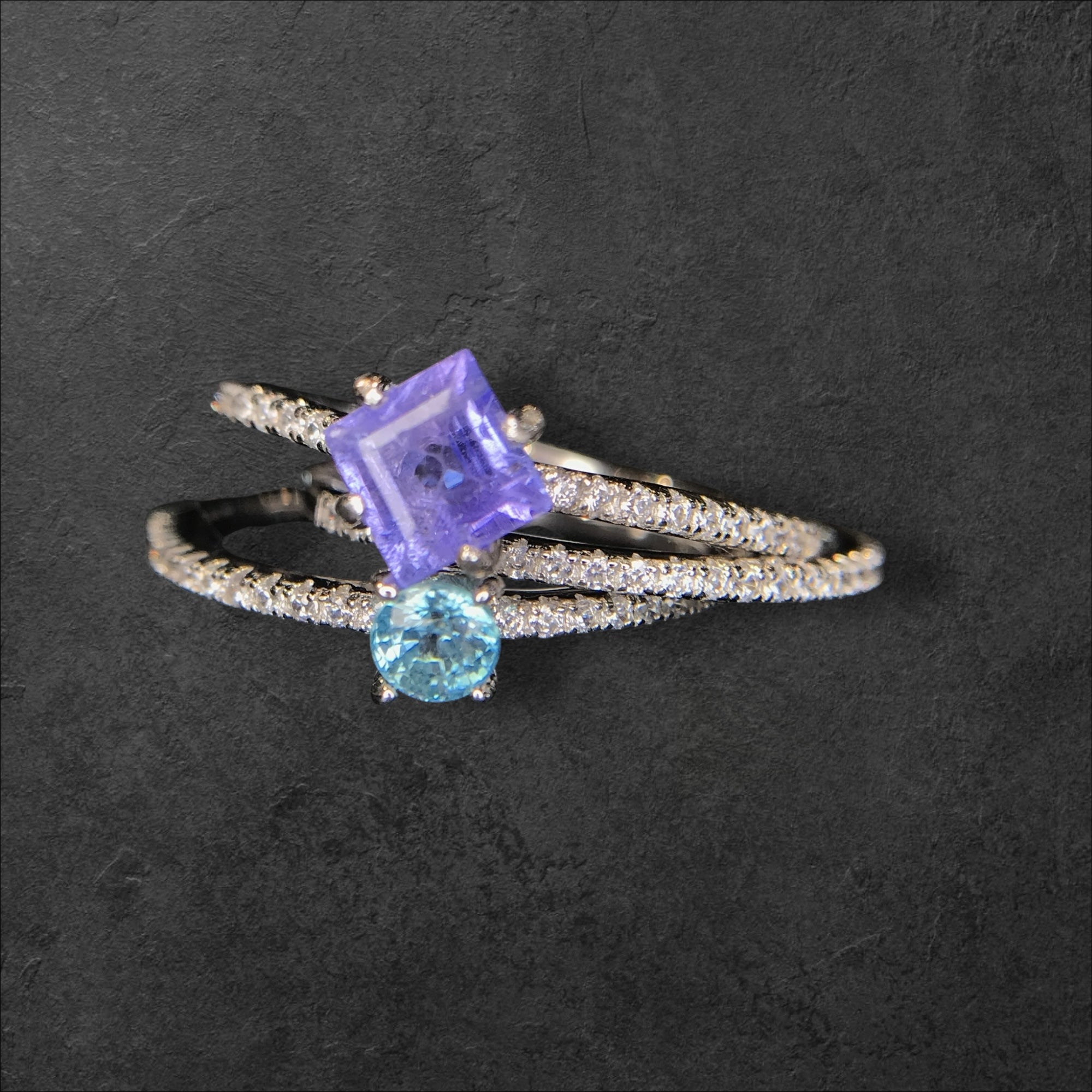 Luxury Stack: Tanzanite & Natural Blue Zircon 3-Ring Set in 925 Silver with CZ Accent Bands