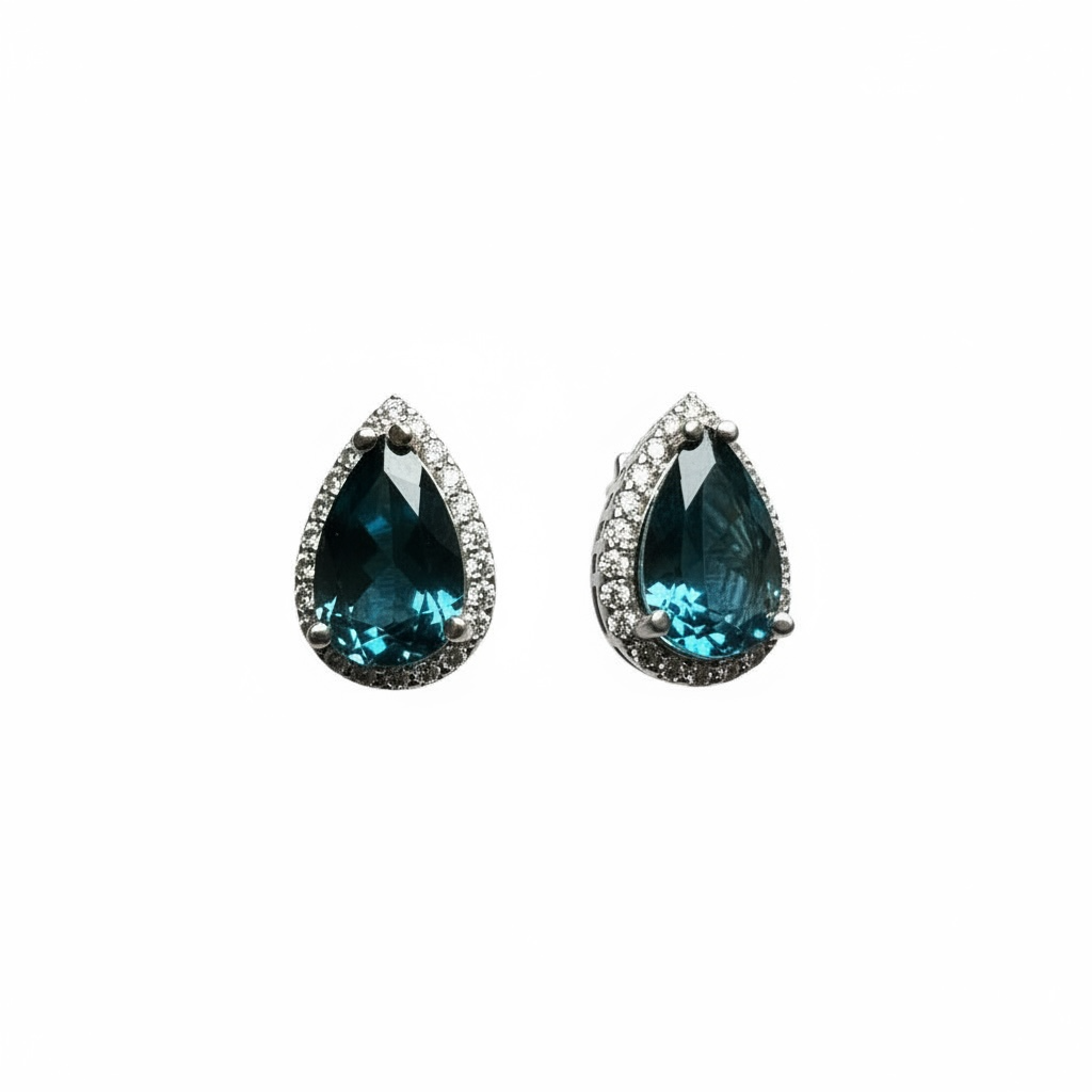 Deep Ocean Brilliance: Natural London Blue Topaz Halo Stud Earrings in 925 Silver