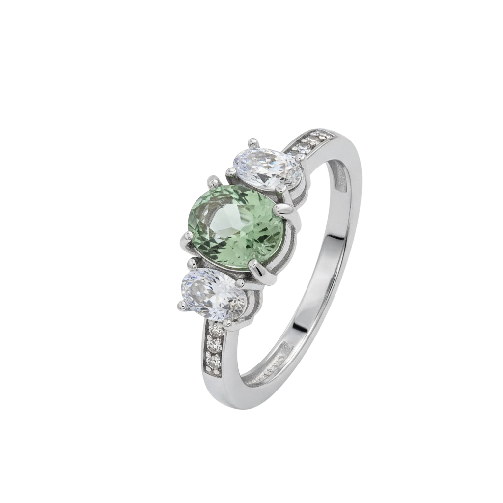 Pastel Elegance: Natural Green Tourmaline & CZ Three-Stone Ring in 925 Sterling Silver