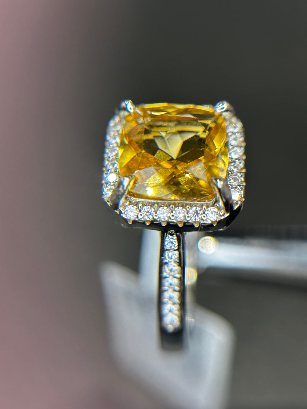 Natural Citrine Ring - Square Cushion Cut Golden Yellow with CZ Halo in Sterling Silver