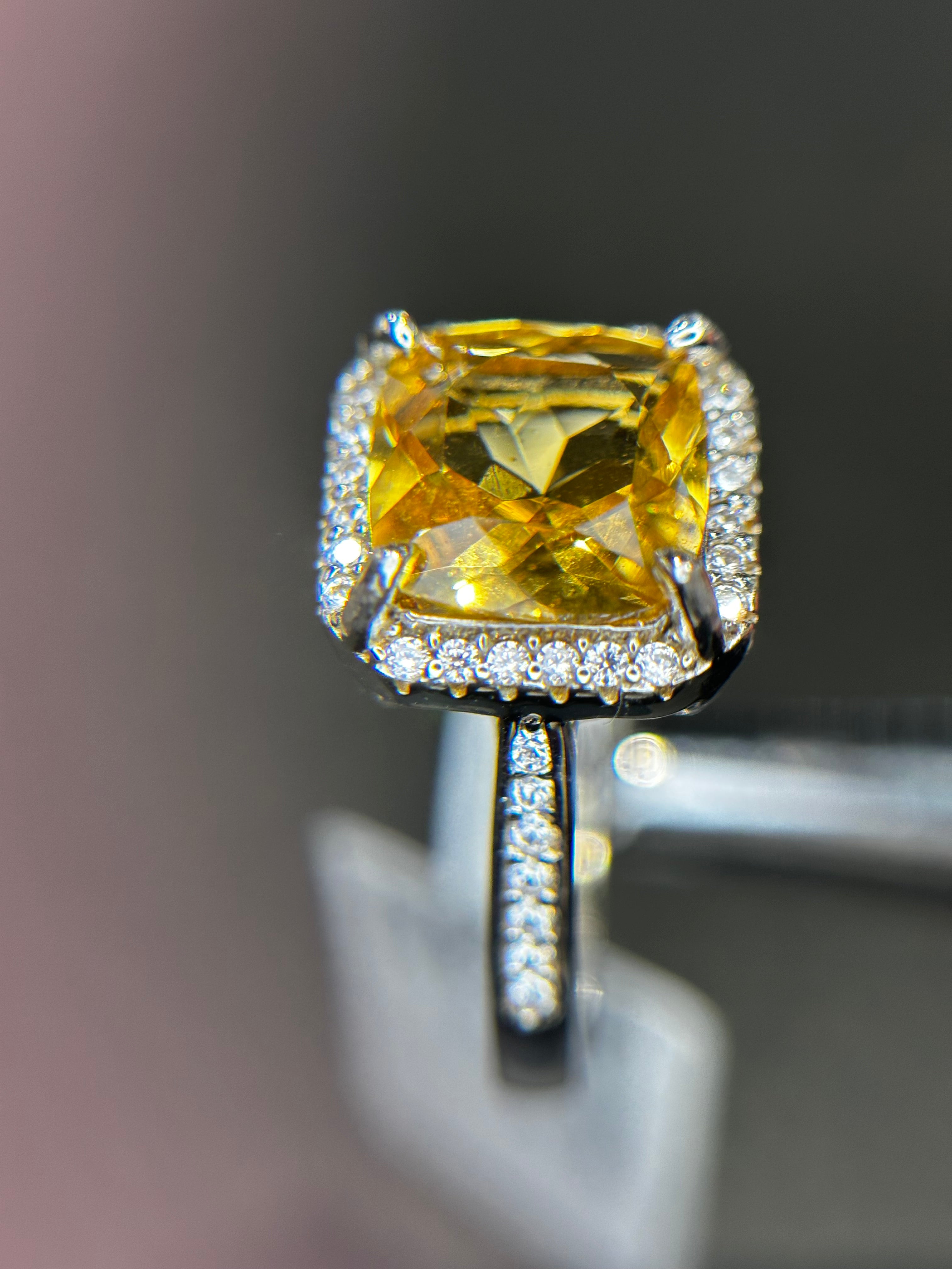 Natural Citrine Ring - Square Cushion Cut Golden Yellow with CZ Halo in Sterling Silver