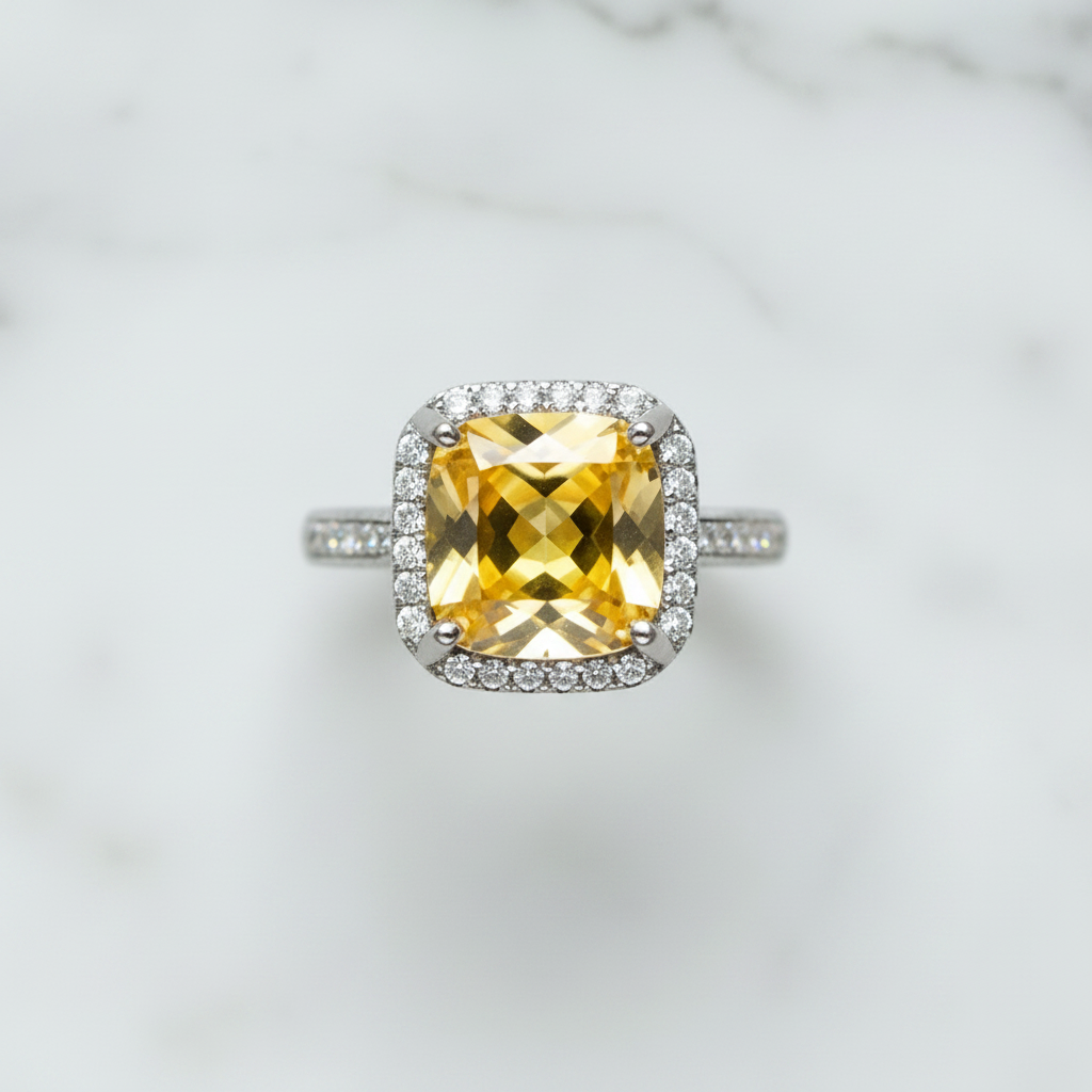 Natural Citrine Ring - Square Cushion Cut Golden Yellow with CZ Halo in Sterling Silver