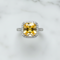 Natural Citrine Ring - Square Cushion Cut Golden Yellow with CZ Halo in Sterling Silver
