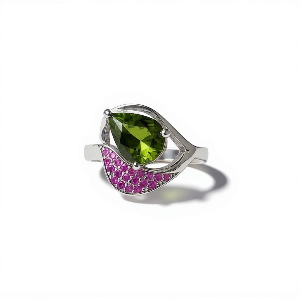 Natural Green Tourmaline Ring - Pear Cut Olive Green with Pink CZ Accents in Sterling Silver