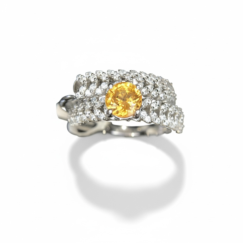 Golden Sunrise: Natural Orange Yellow Sapphire & CZ Pave Wrap 2-Ring Set in 925 Silver