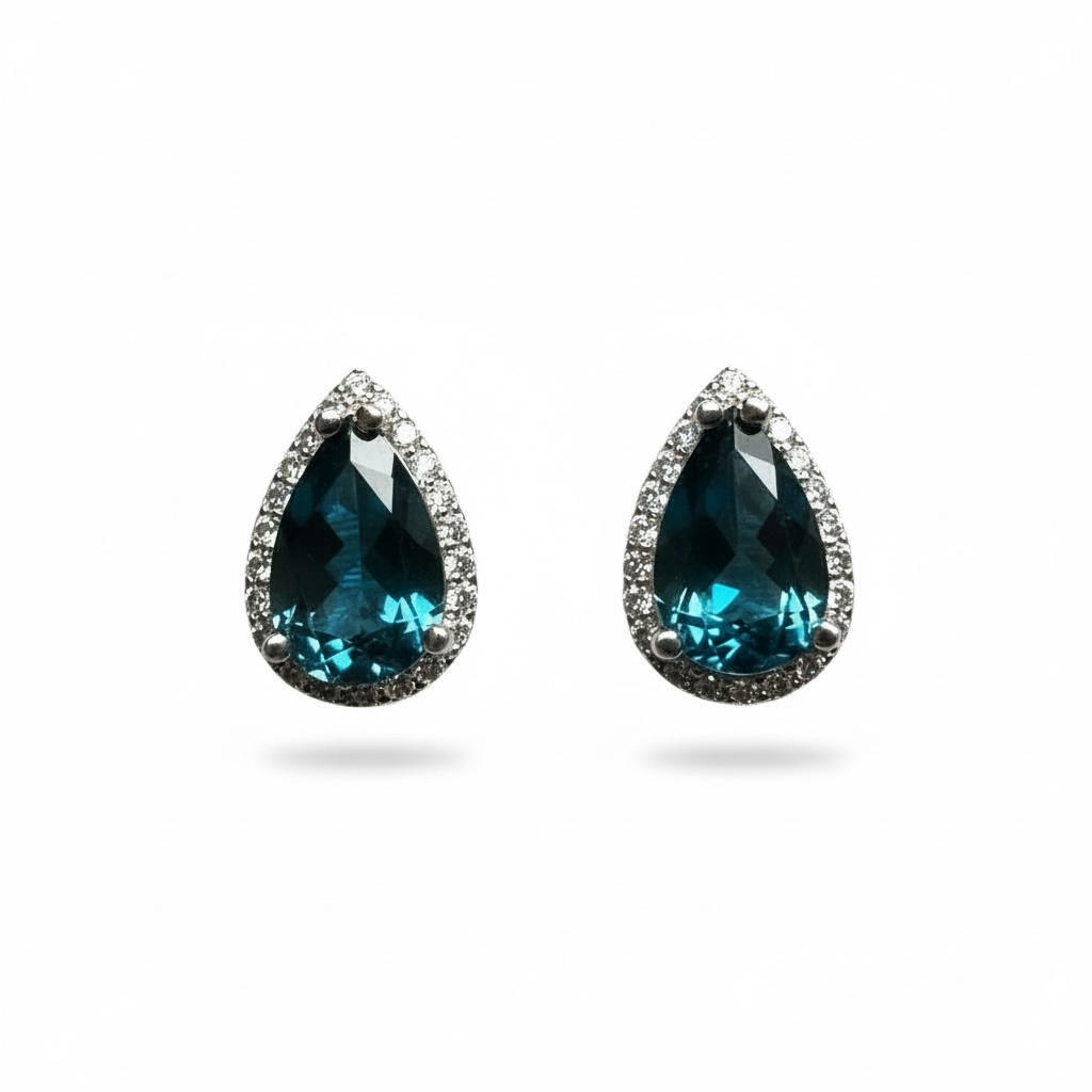 Deep Ocean Brilliance: Natural London Blue Topaz Halo Stud Earrings in 925 Silver