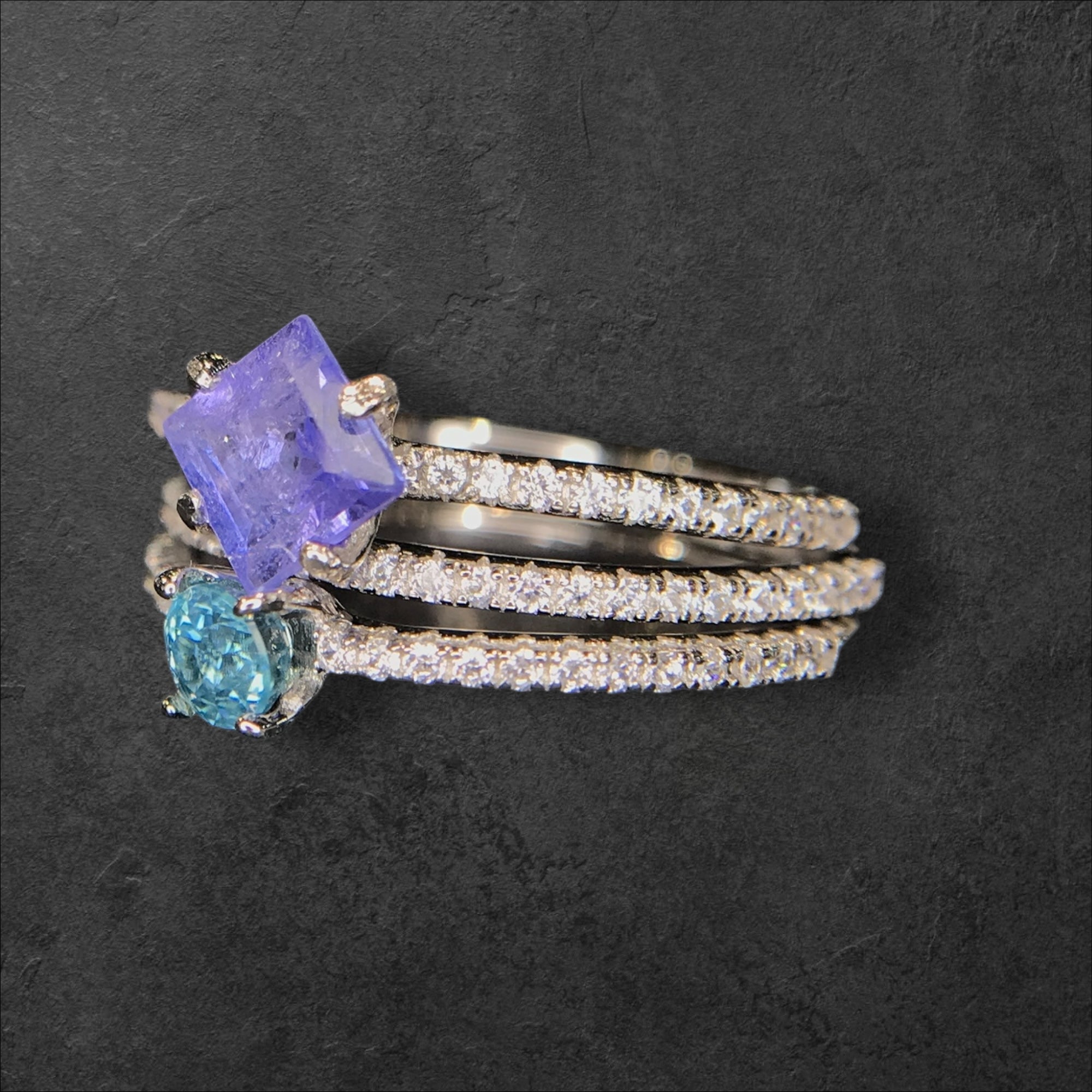 Luxury Stack: Tanzanite & Natural Blue Zircon 3-Ring Set in 925 Silver with CZ Accent Bands
