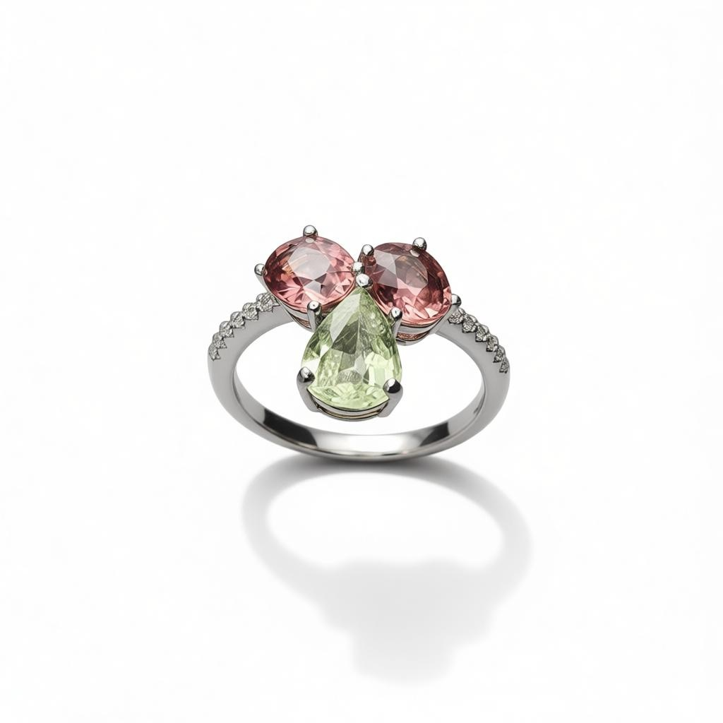 Natural Multi-Color Tourmaline Toi et Moi Ring - Pink and Green Pear/Oval Stones with CZ Accents in Sterling Silver