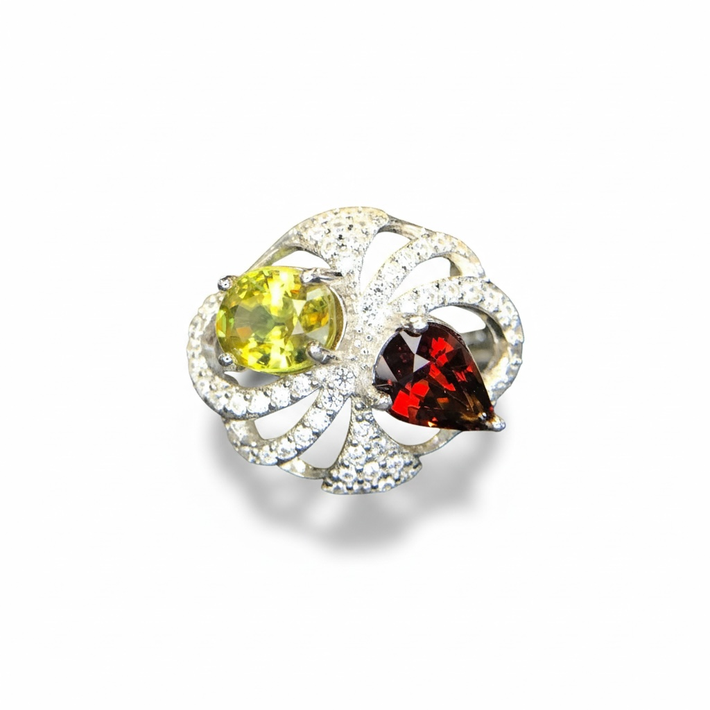 Fiery Duo: Sphene & Spessartite Garnet Cocktail Ring in 925 Silver with CZ Pavé