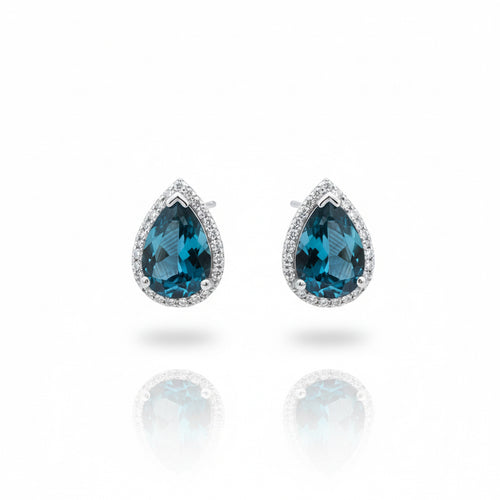 Deep Ocean Brilliance: Natural London Blue Topaz Halo Stud Earrings in 925 Silver