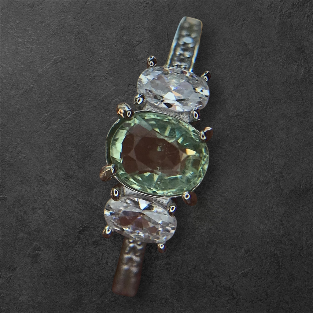Pastel Elegance: Natural Green Tourmaline & CZ Three-Stone Ring in 925 Sterling Silver