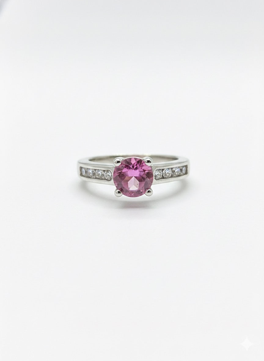Vivid Pink: Natural Pink Topaz Solitaire Ring in 925 Silver with CZ Channel Accents