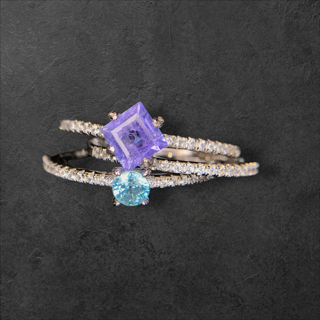 Luxury Stack: Tanzanite & Natural Blue Zircon 3-Ring Set in 925 Silver with CZ Accent Bands