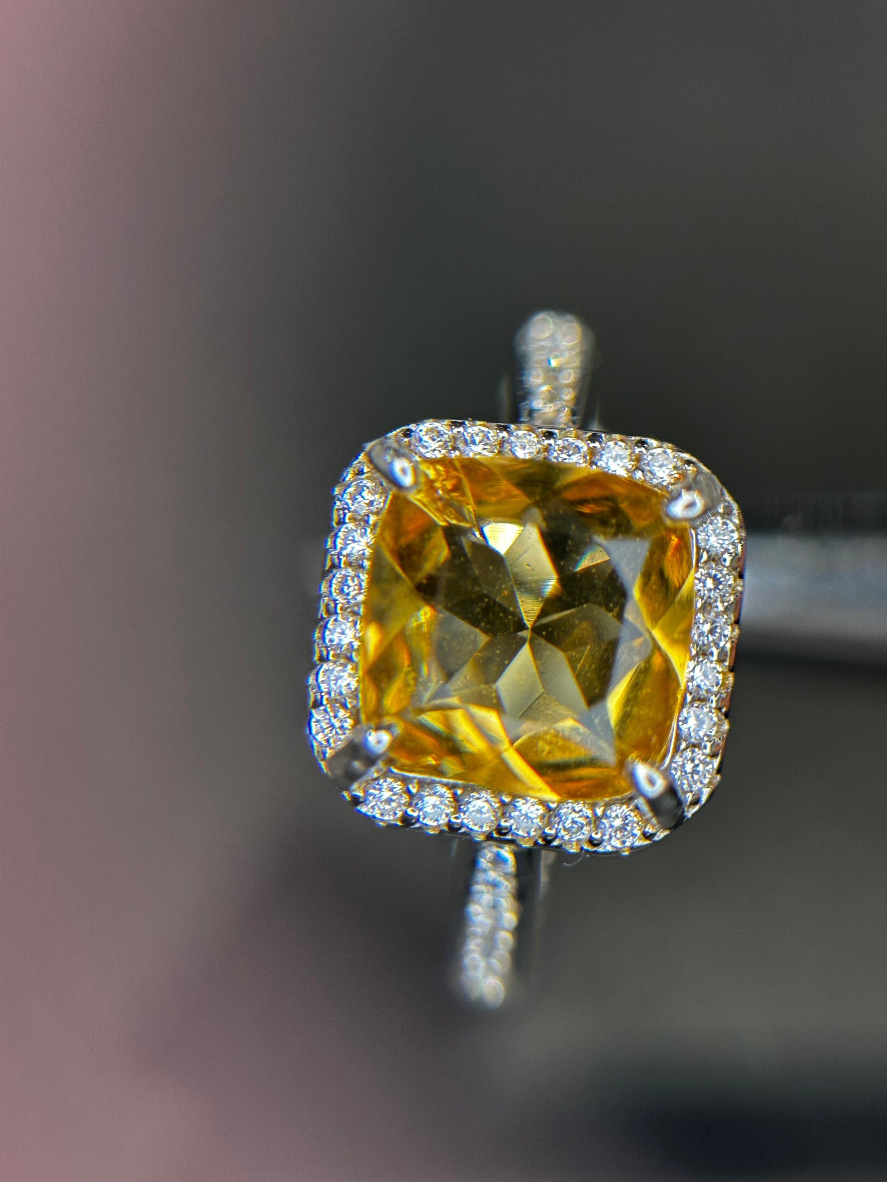 Natural Citrine Ring - Square Cushion Cut Golden Yellow with CZ Halo in Sterling Silver