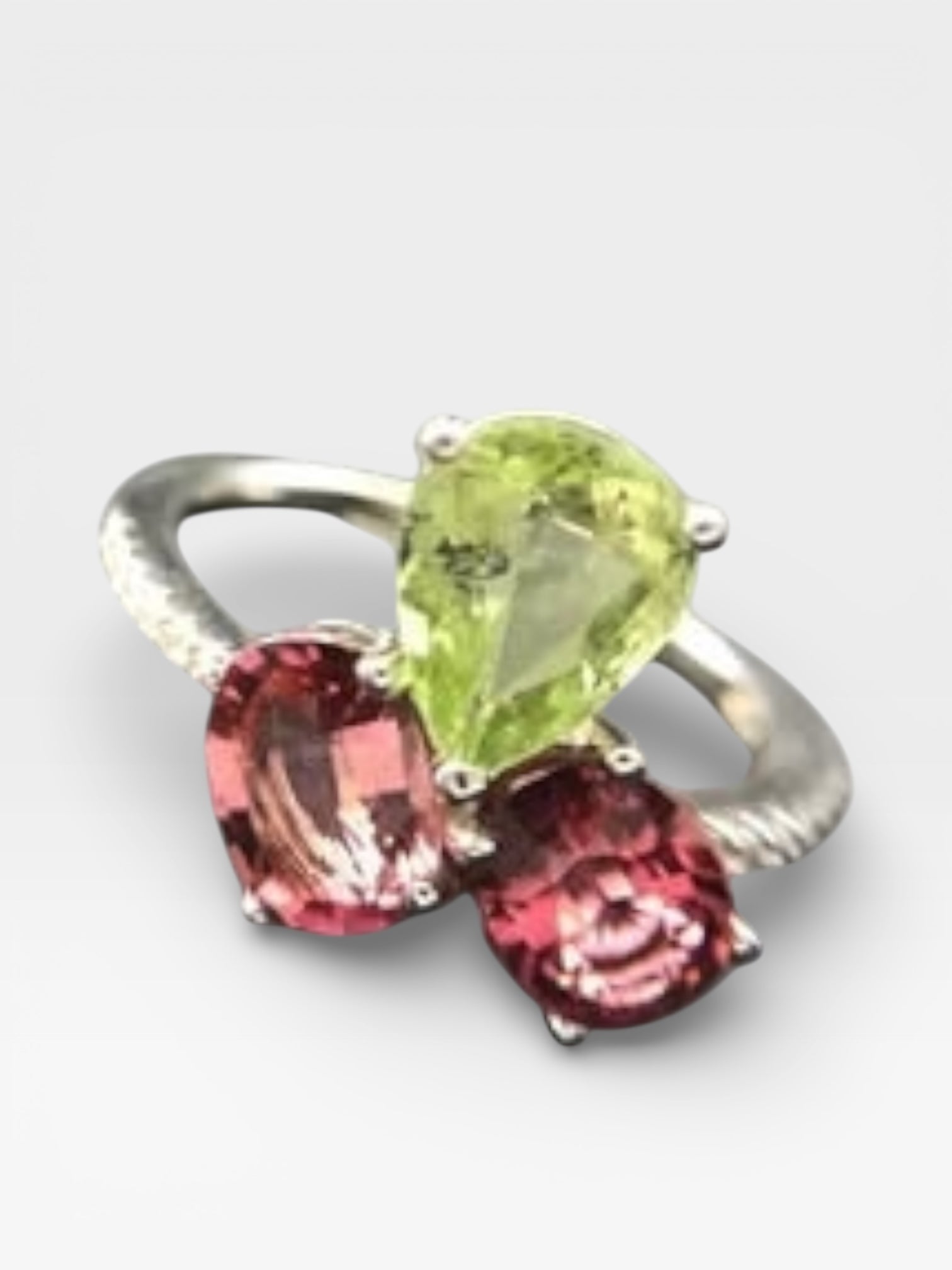 Natural Multi-Color Tourmaline Toi et Moi Ring - Pink and Green Pear/Oval Stones with CZ Accents in Sterling Silver