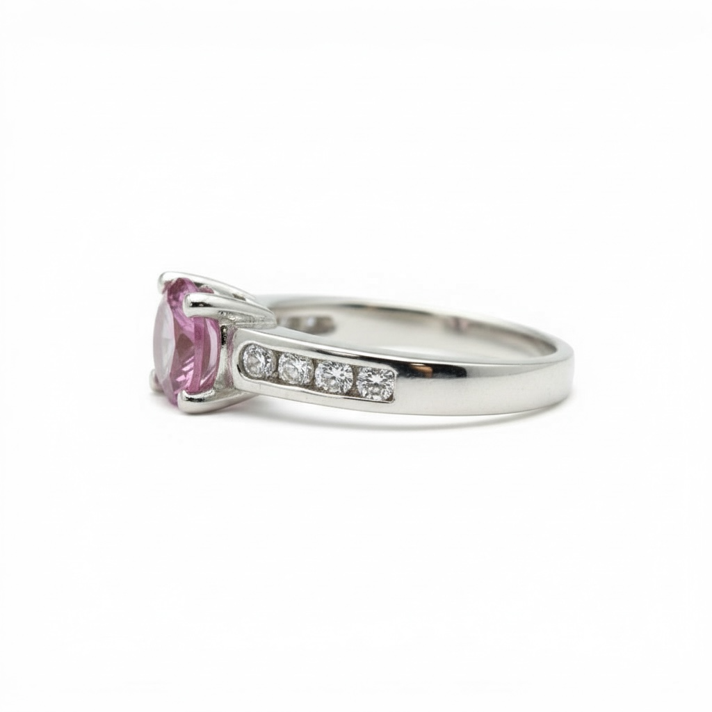 Vivid Pink: Natural Pink Topaz Solitaire Ring in 925 Silver with CZ Channel Accents