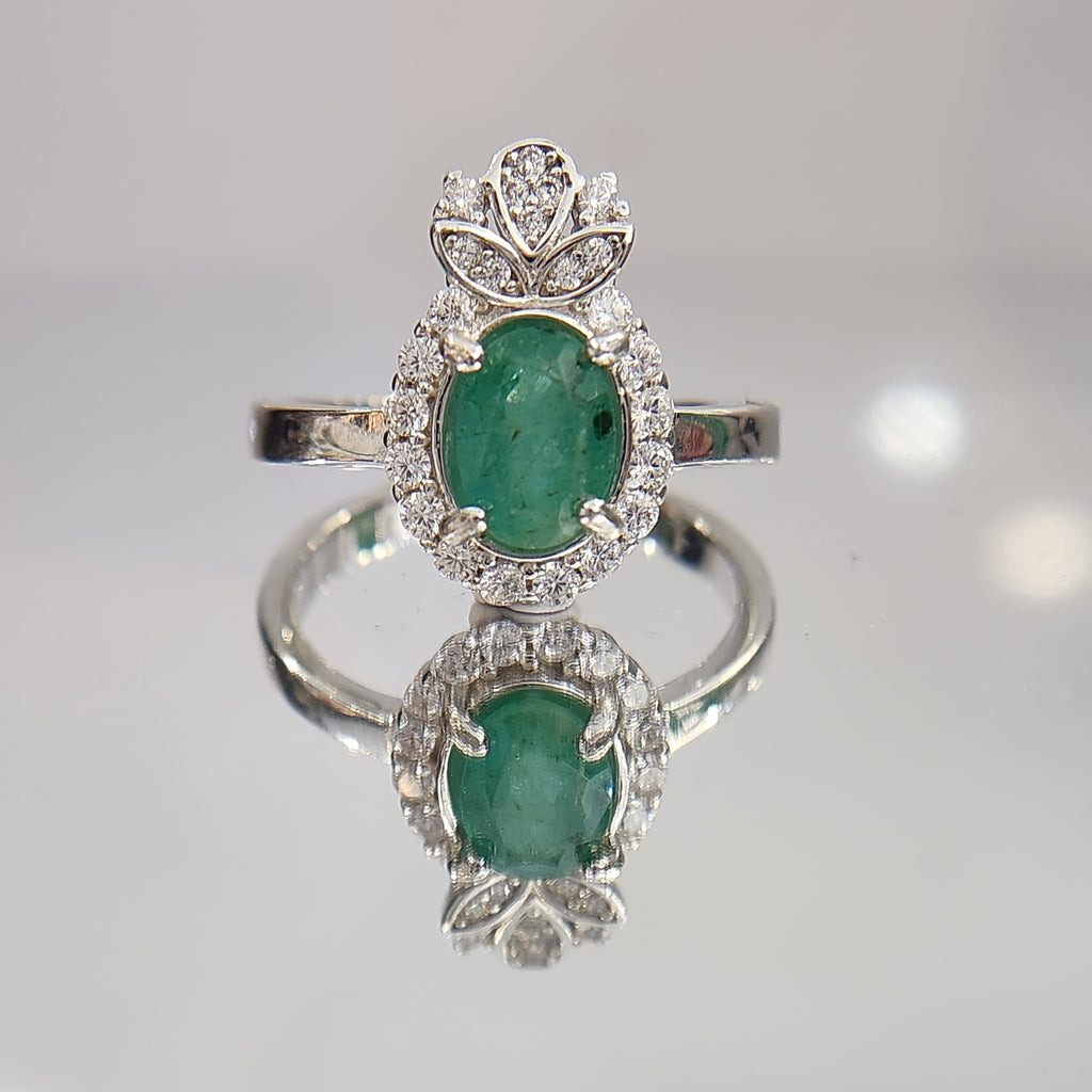 Natural Emerald Ring - Oval Cut Rich Green with CZ Halo and Floral Accents in Sterling Silver