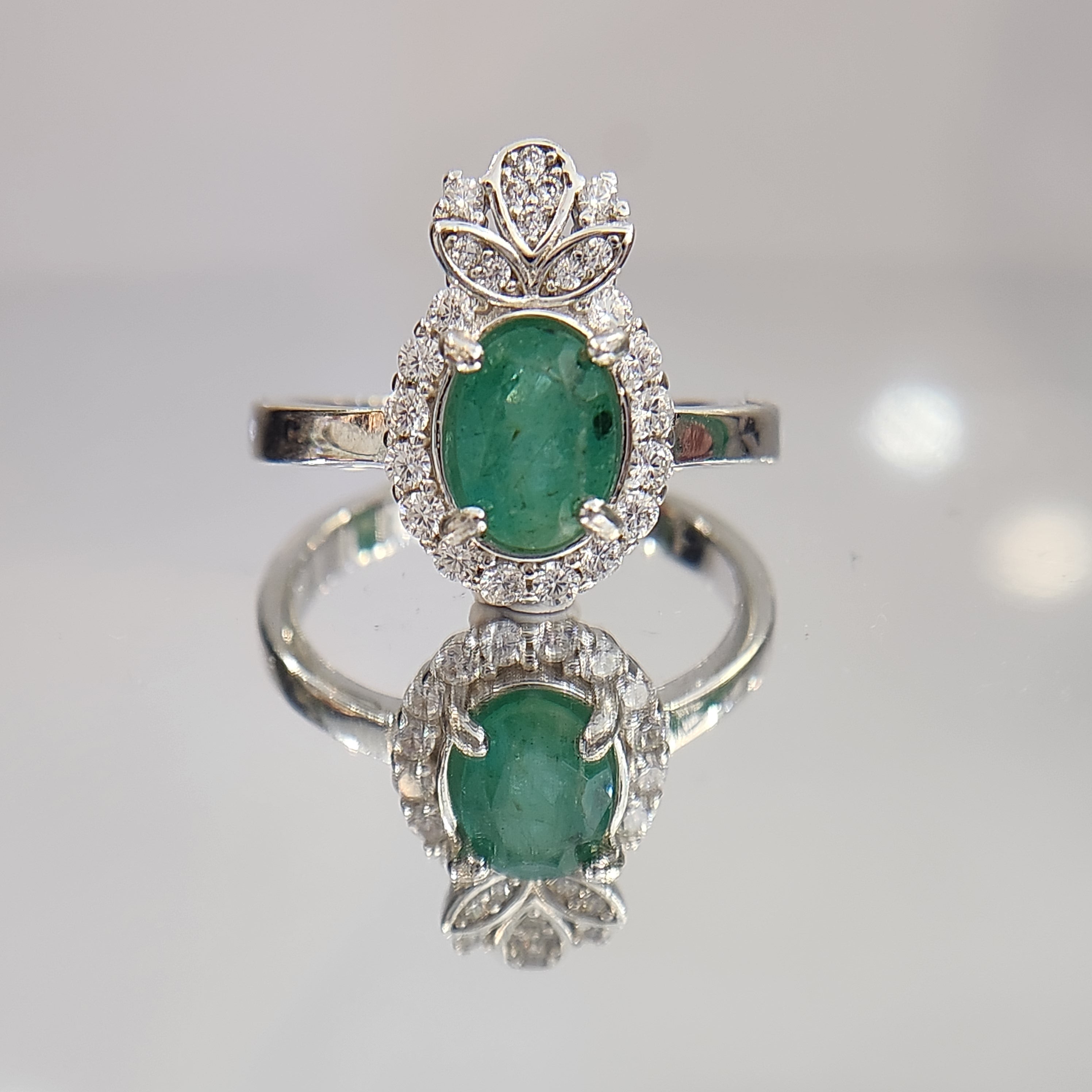 Natural Emerald Ring - Oval Cut Rich Green with CZ Halo and Floral Accents in Sterling Silver