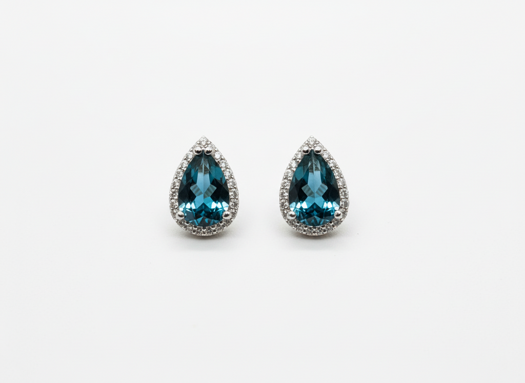 Deep Ocean Brilliance: Natural London Blue Topaz Halo Stud Earrings in 925 Silver