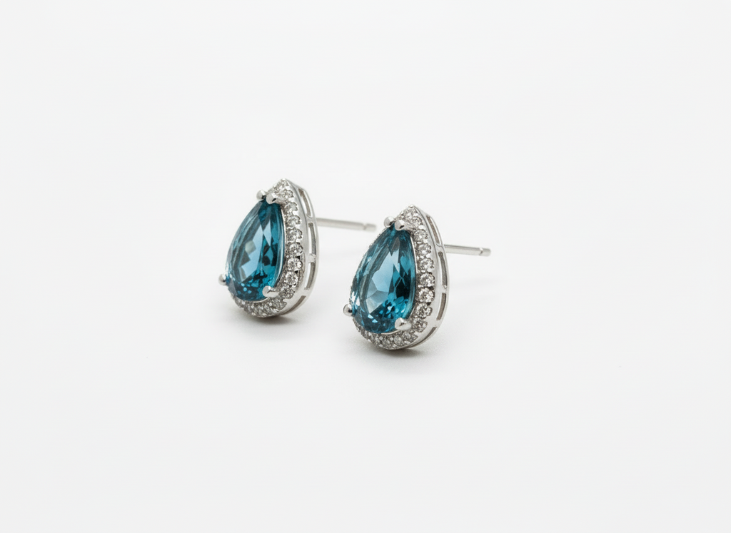 Deep Ocean Brilliance: Natural London Blue Topaz Halo Stud Earrings in 925 Silver