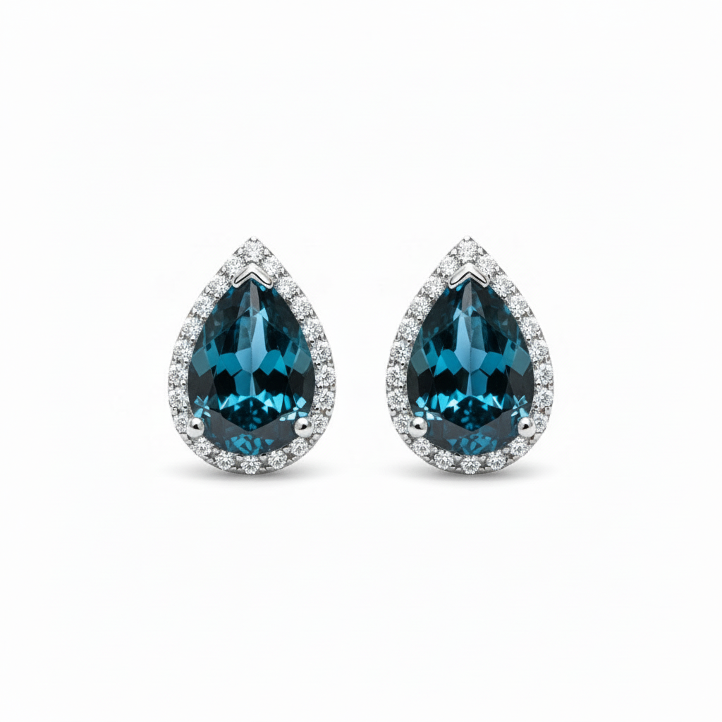 Deep Ocean Brilliance: Natural London Blue Topaz Halo Stud Earrings in 925 Silver