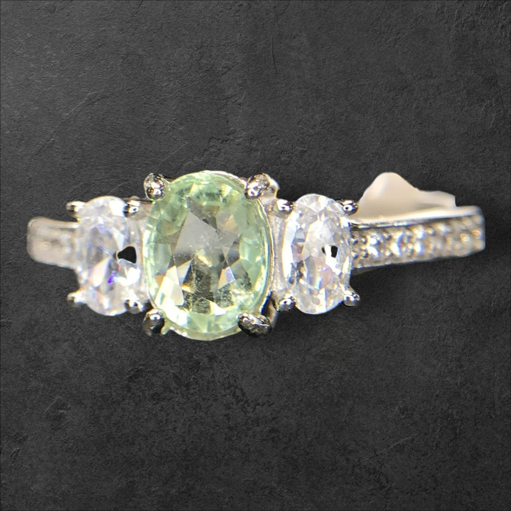 Pastel Elegance: Natural Green Tourmaline & CZ Three-Stone Ring in 925 Sterling Silver