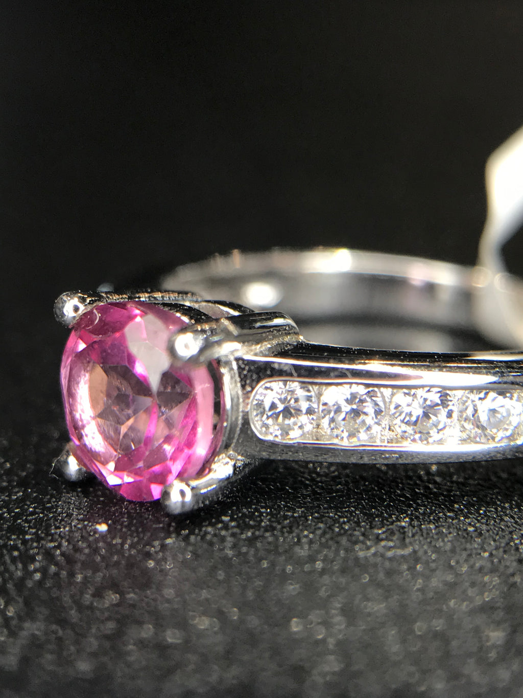 Vivid Pink: Natural Pink Topaz Solitaire Ring in 925 Silver with CZ Channel Accents