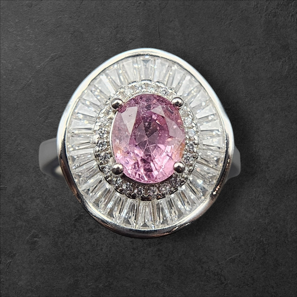 Natural Pink Tourmaline Ring - Oval Cut Soft Pink with CZ Baguette Halo in Sterling Silver