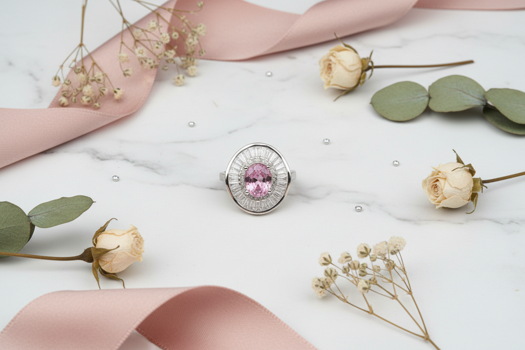 Natural Pink Tourmaline Ring - Oval Cut Soft Pink with CZ Baguette Halo in Sterling Silver