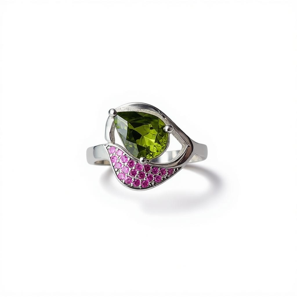 Natural Green Tourmaline Ring - Pear Cut Olive Green with Pink CZ Accents in Sterling Silver