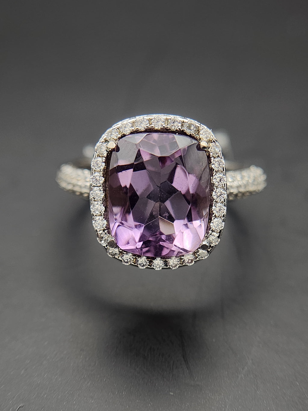 Natural Amethyst Ring - Cushion Cut Purple Gemstone with CZ Halo in Sterling Silver
