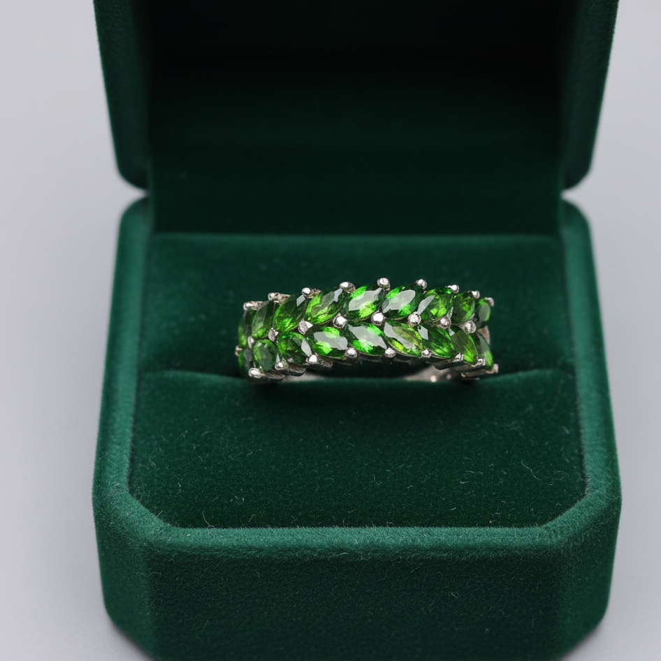 Double Forest Row: Natural Chrome Diopside Marquise Eternity Band in 925 Silver
